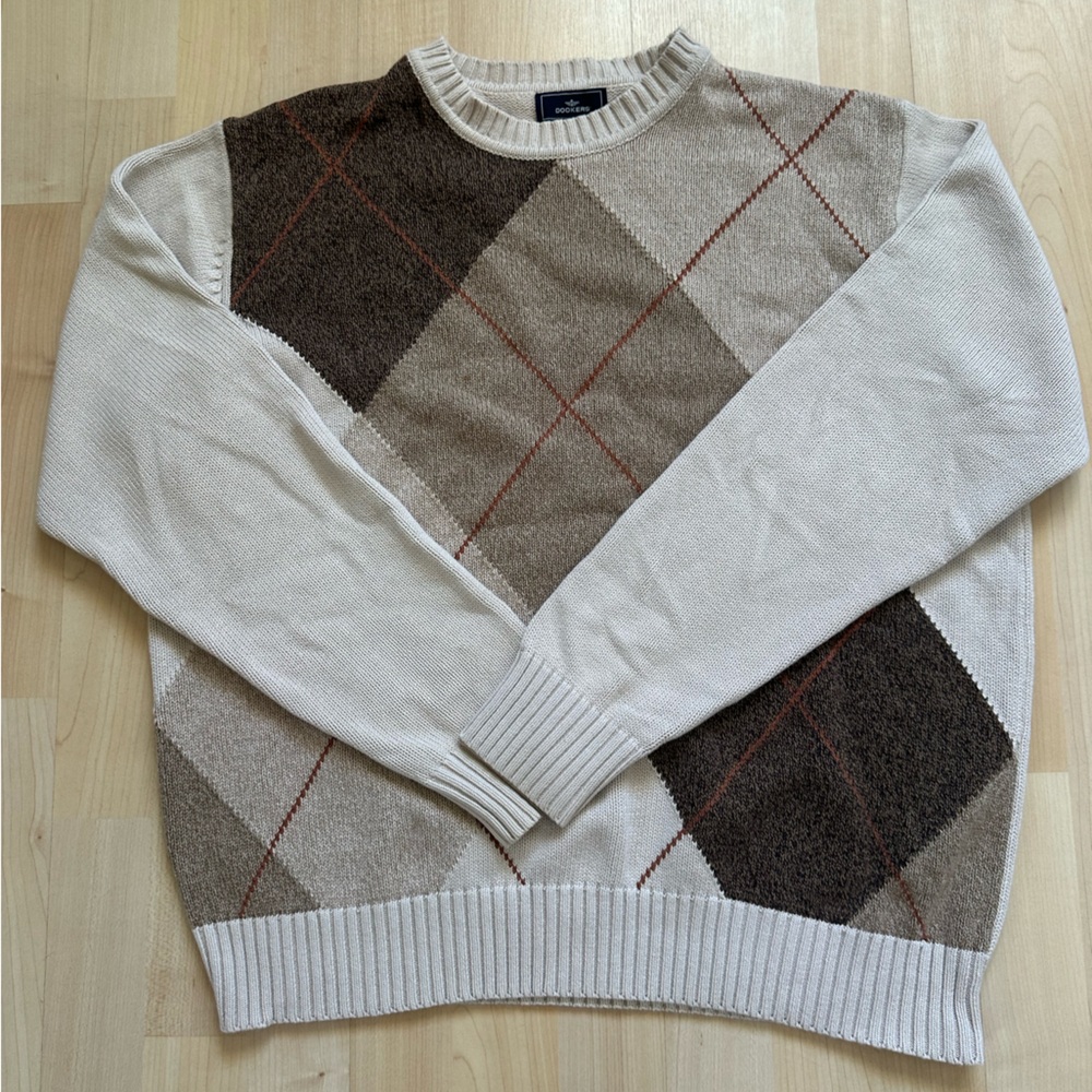 Dockers Sweater Mens Large Beige Argyle Long Sleeve Pullover Cotton